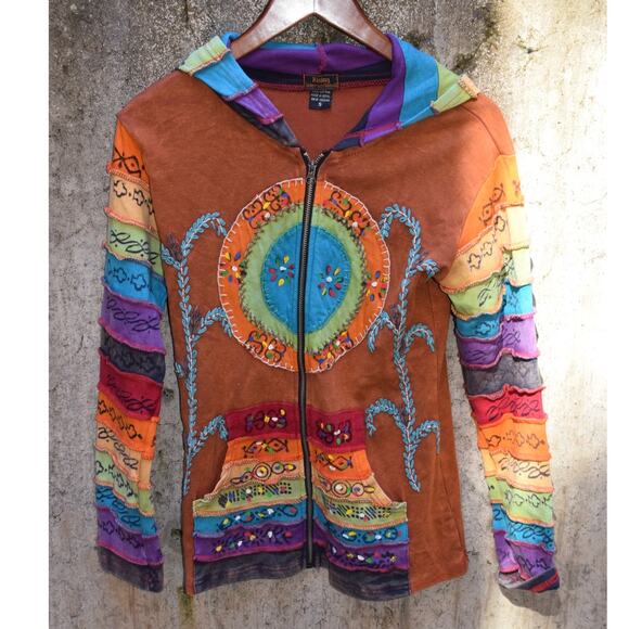 Rising International Rainbow Patchwork Hoodie Jacket Women’s Small Boho Festival - Picture 1 of 5